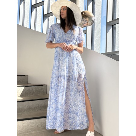 Robe longue imprimée fluide bleue ciel ABBY