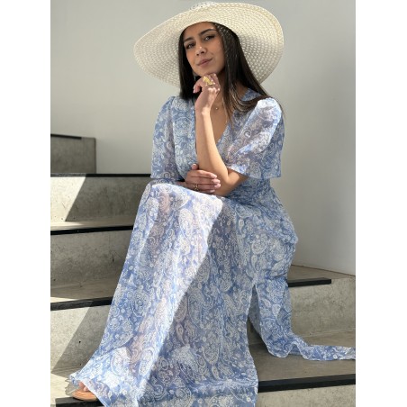 Robe longue imprimée fluide bleue ciel ABBY