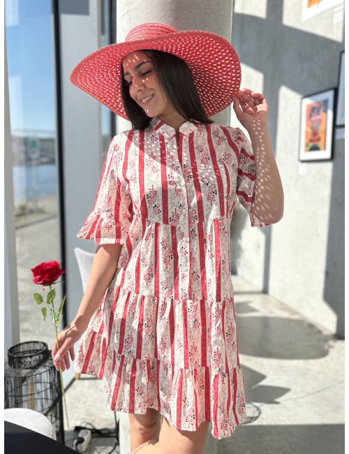 Robe courte rayée fleurie rouge Loretta