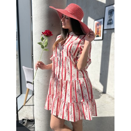 Robe courte rayée fleurie rouge Loretta
