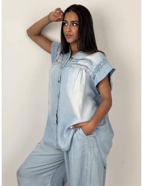 Chemise ample à manches volantées jeans claire LILI