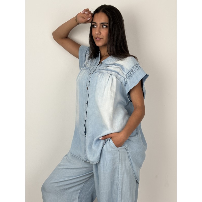Chemise ample à manches volantées jeans claire LILI