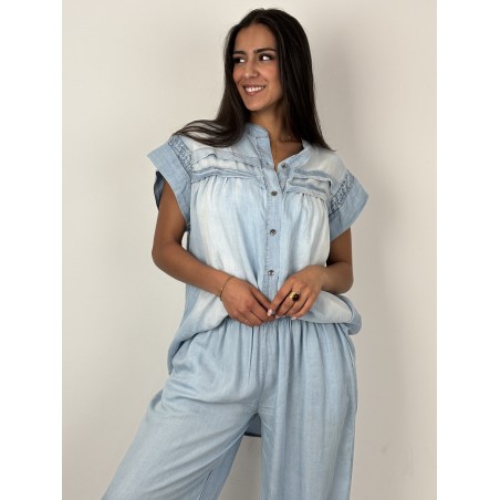 Chemise ample à manches volantées jeans claire LILI