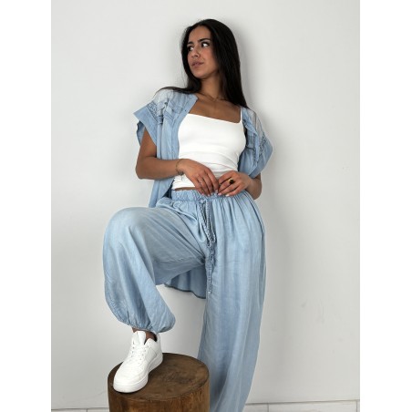 Chemise ample à manches volantées jeans claire LILI