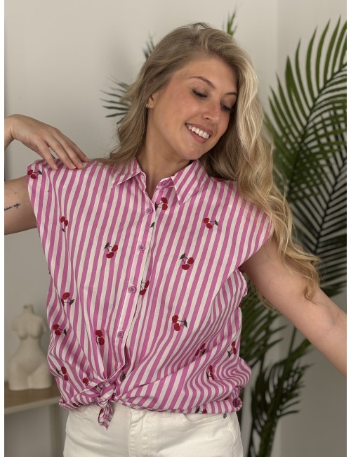 Chemise lignée sans manches rose Cerise