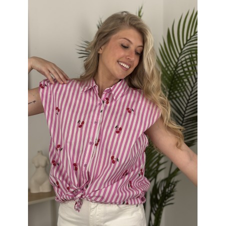 Chemise lignée sans manches rose Cerise