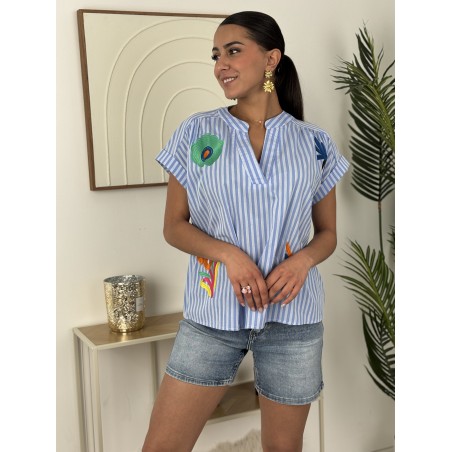 Blouse rayée brodée à motifs bleue ciel Egio