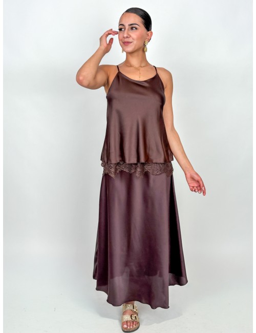 Top satiné à dentelle choco BALBINA