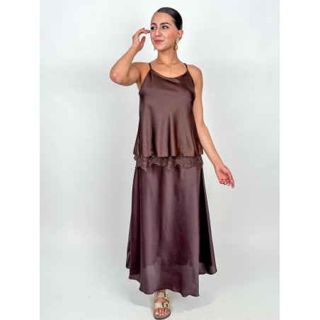 Top satiné à dentelle choco BALBINA