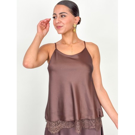 Top satiné à dentelle choco BALBINA