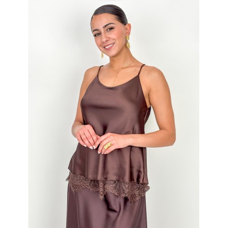 Top satiné à dentelle choco BALBINA