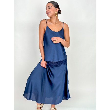 Top satiné à dentelle marine BALBINA