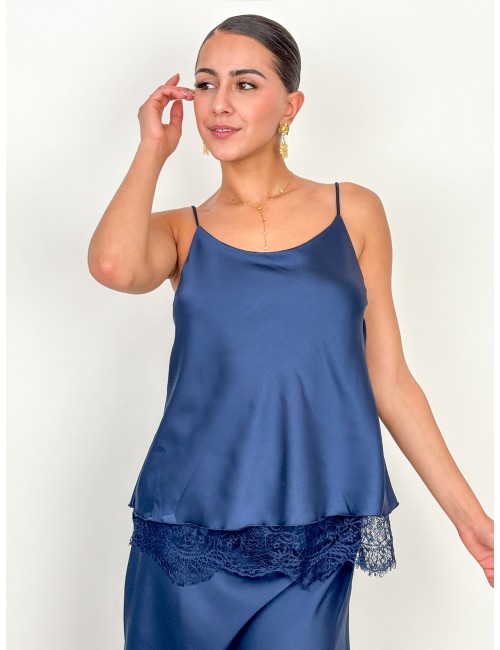 Top satiné à dentelle marine BALBINA