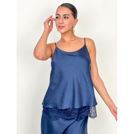 Top satiné à dentelle marine BALBINA