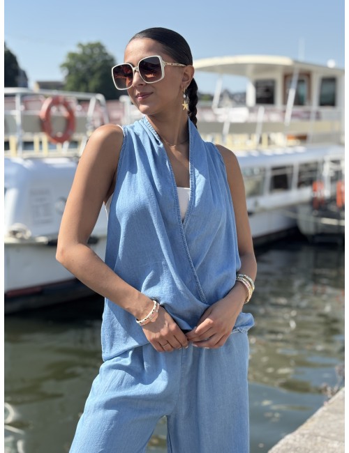 Blouse denim portefeuille bleue Katelyn